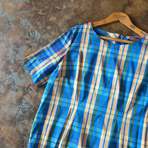 Vintage 60s Style Plaid Midi Dress and Jacket Set Plus Size 1X Blue Gold Satin - Picture 8 of 14